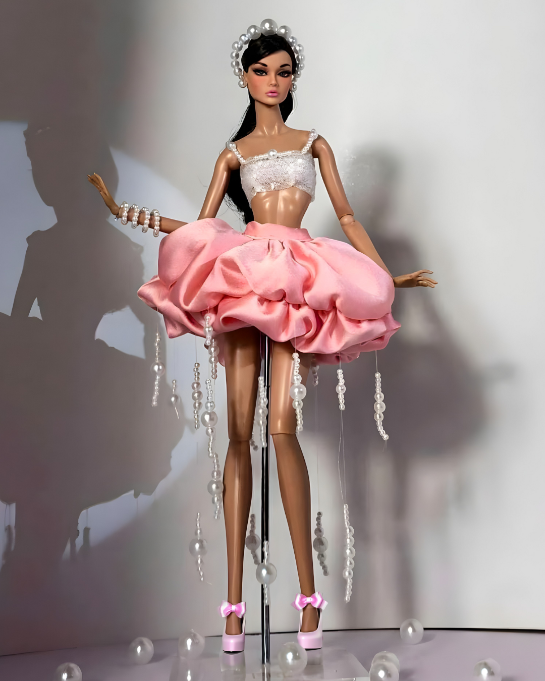 OOAK | Mythical Pearl - ink duchess satin bubble skirt with pearl trims For fashion Royalty FR 6.0