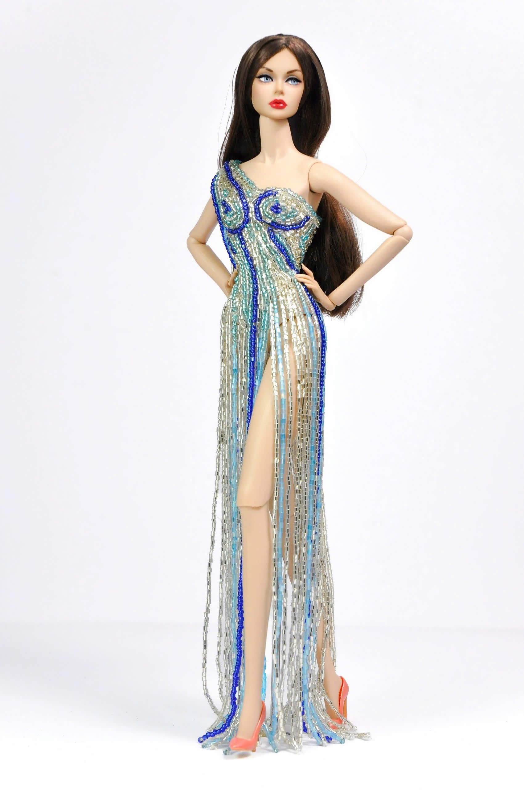 Beaded Fringe Gown – Blue Silver One-Shoulder Dress for Fashion Royalty 1/6