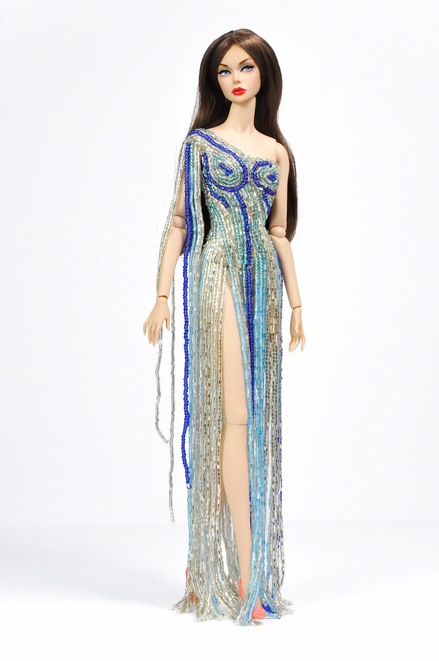 Beaded Fringe Gown – Blue Silver One-Shoulder Dress for Fashion Royalty 1/6