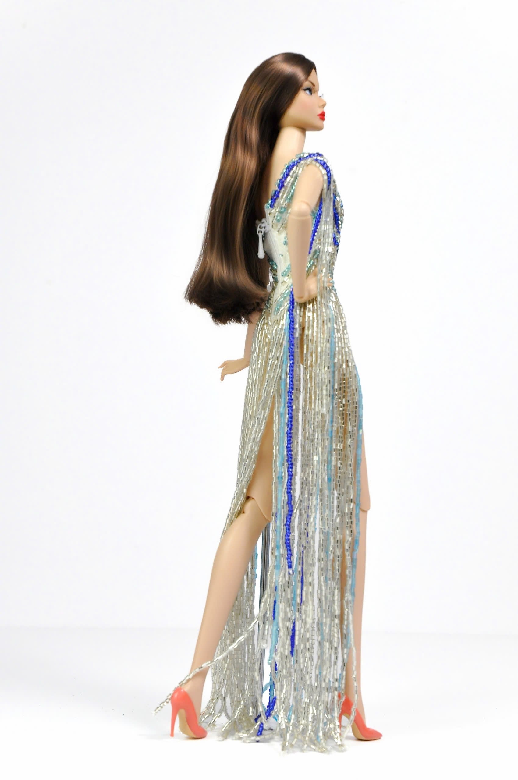 Beaded Fringe Gown – Blue Silver One-Shoulder Dress for Fashion Royalty 1/6