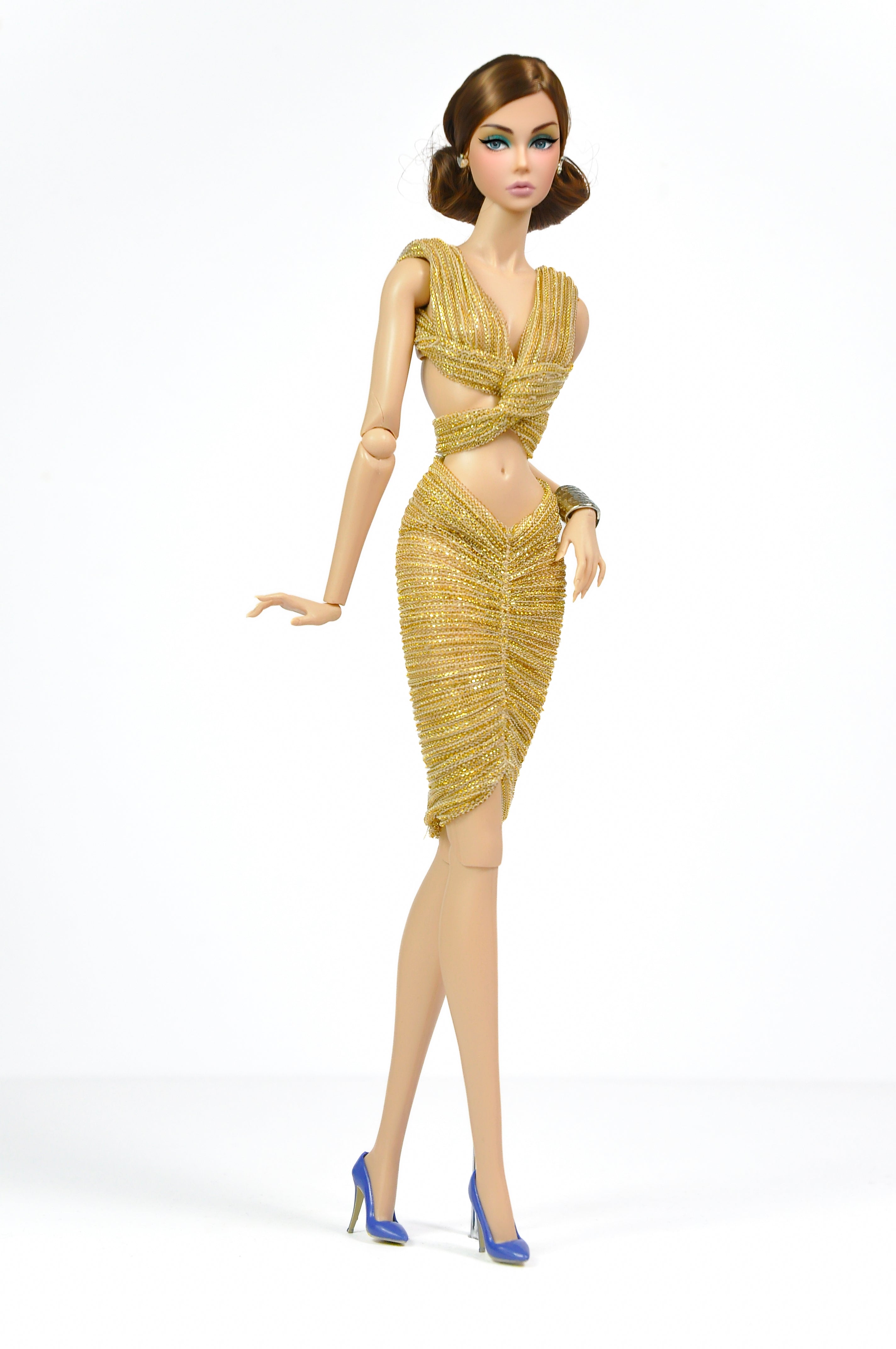 Gold One-Shoulder Twist Dress for Fashion Royalty | FR2 NuFace Doll Clothes | Metallic Gold 1/6 Scale Outfit