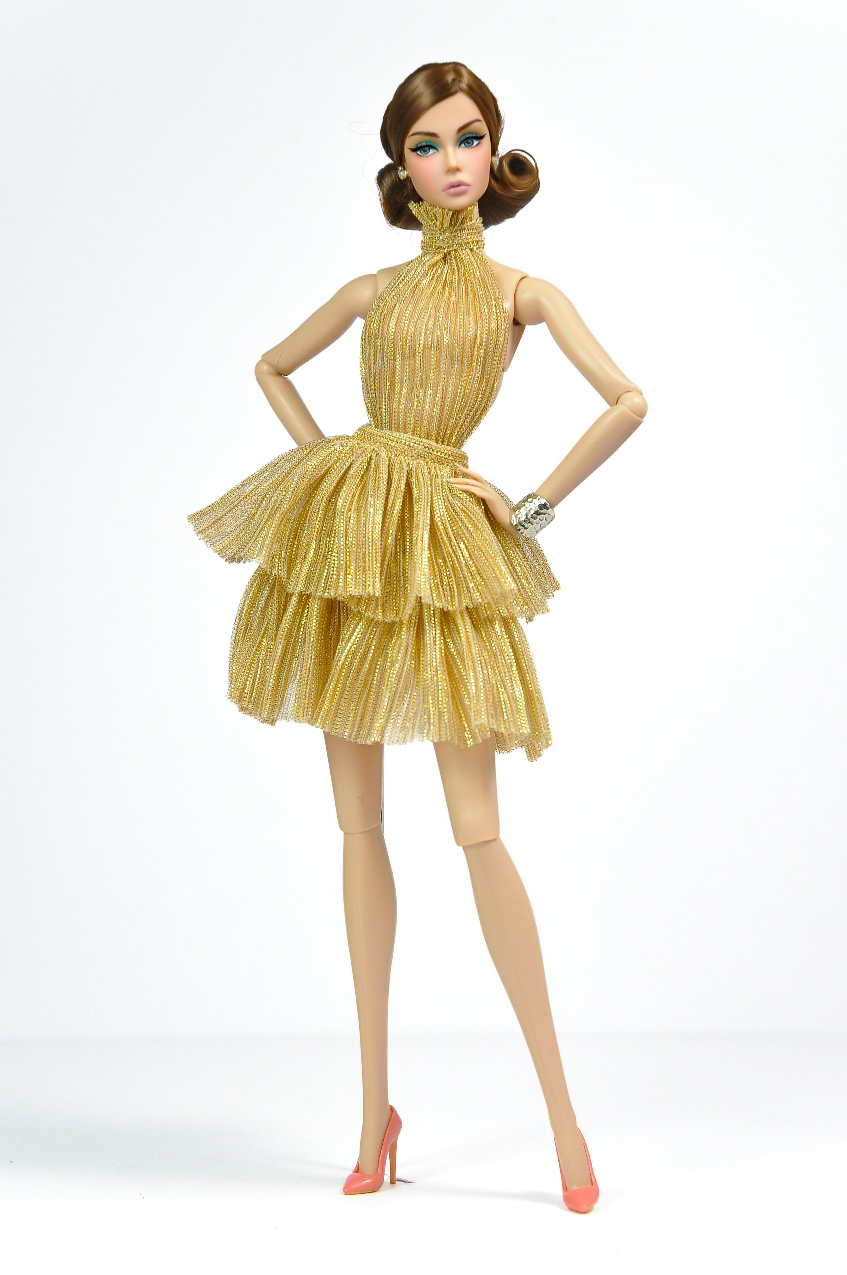 Gold Ruffled Halter Dress for Fashion Royalty | FR2 NuFace Party Dress | Tiered Metallic Doll Outfit | 1/6 Scale Couture