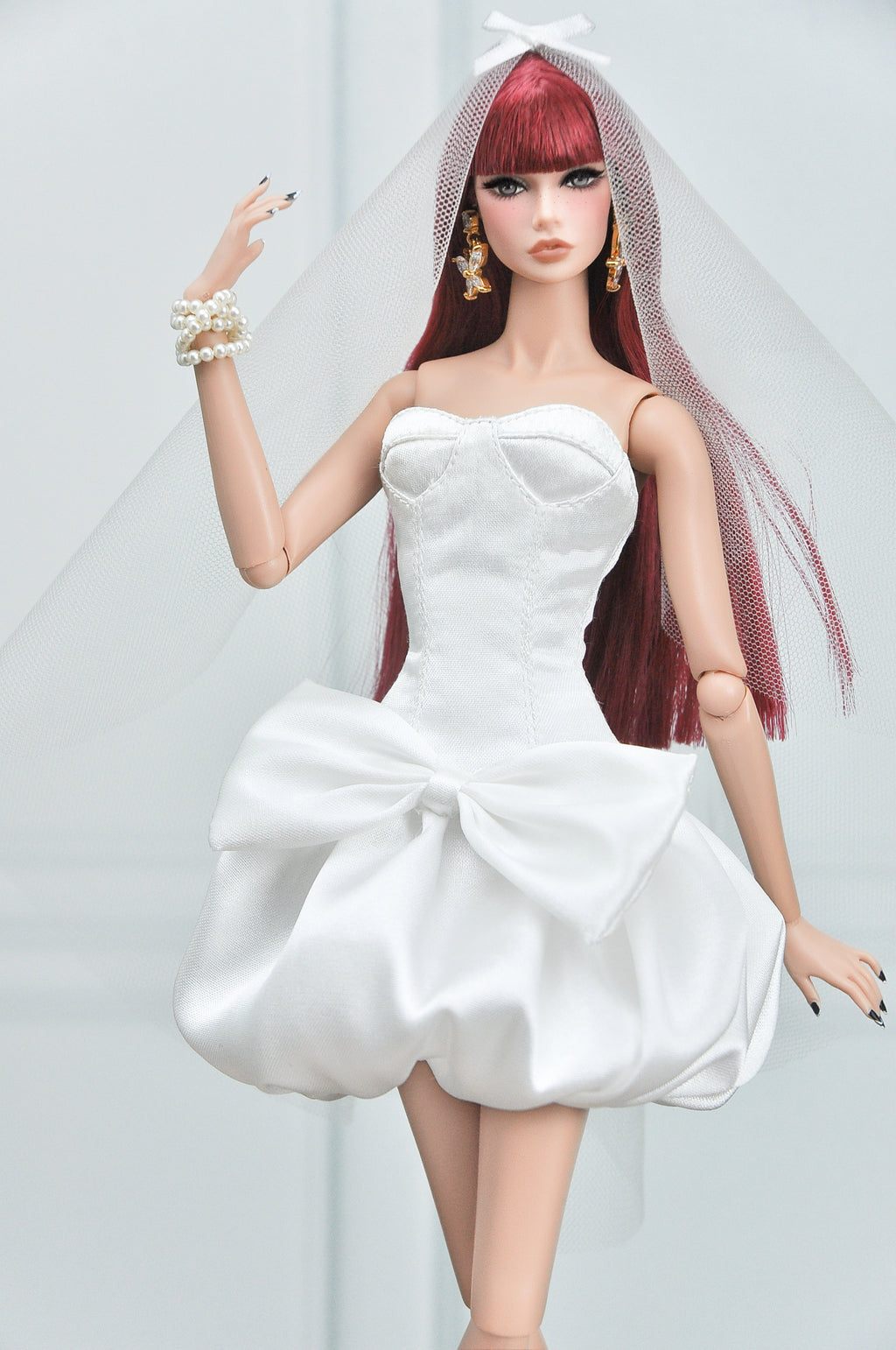 BRIDAL | Bow Whisper Bridal Mini Dress – Couture Wedding Outfit for Fashion Royalty Dolls by Plastik Tiara
