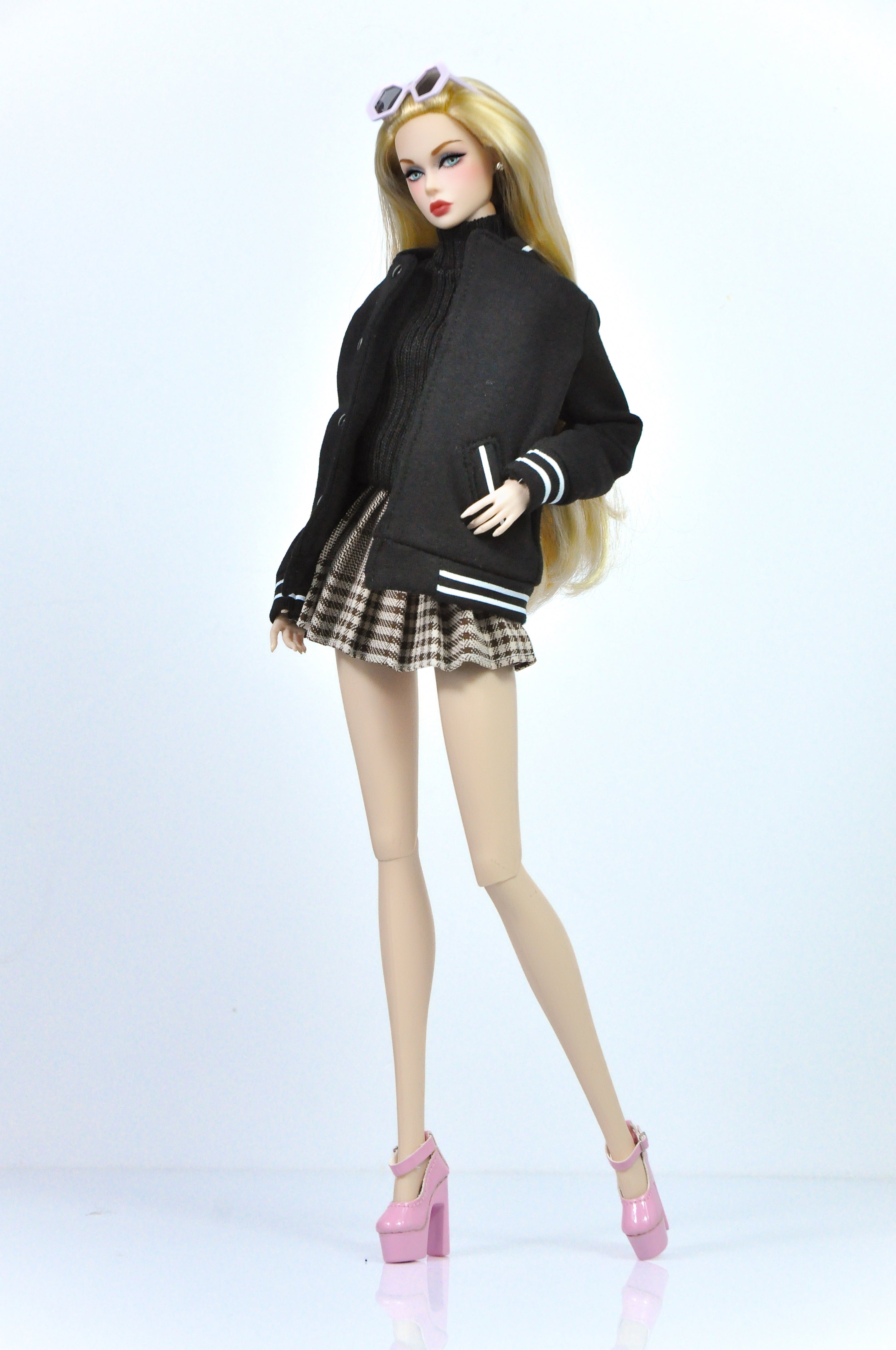 OOAK | "Basic Retreats" - A set of bomber jacket, turtle neck sweater and pleated check skirt for Fashion Royalty & NU FACE 6.0 doll clothes