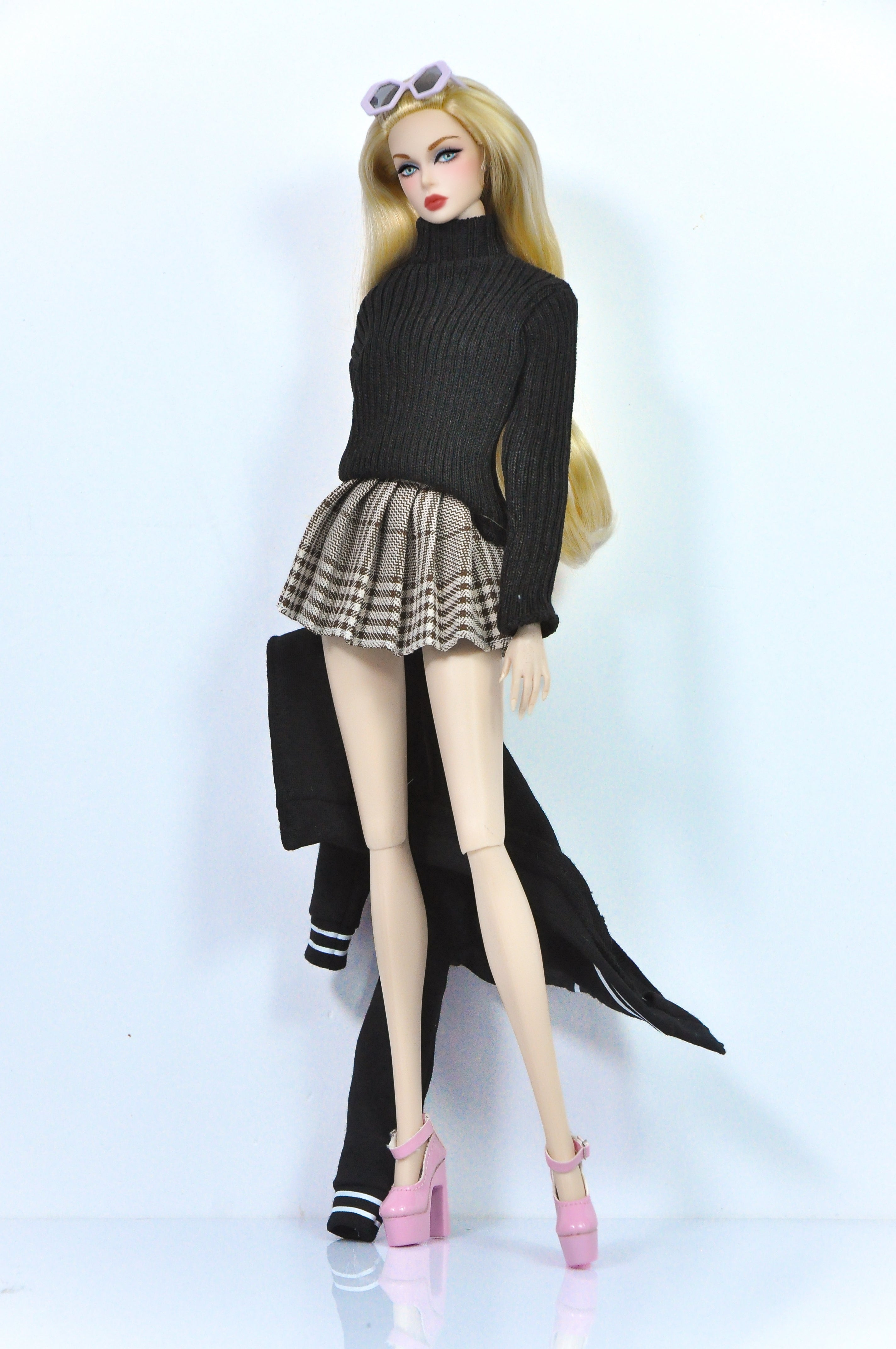OOAK | "Basic Retreats" - A set of bomber jacket, turtle neck sweater and pleated check skirt for Fashion Royalty & NU FACE 6.0 doll clothes