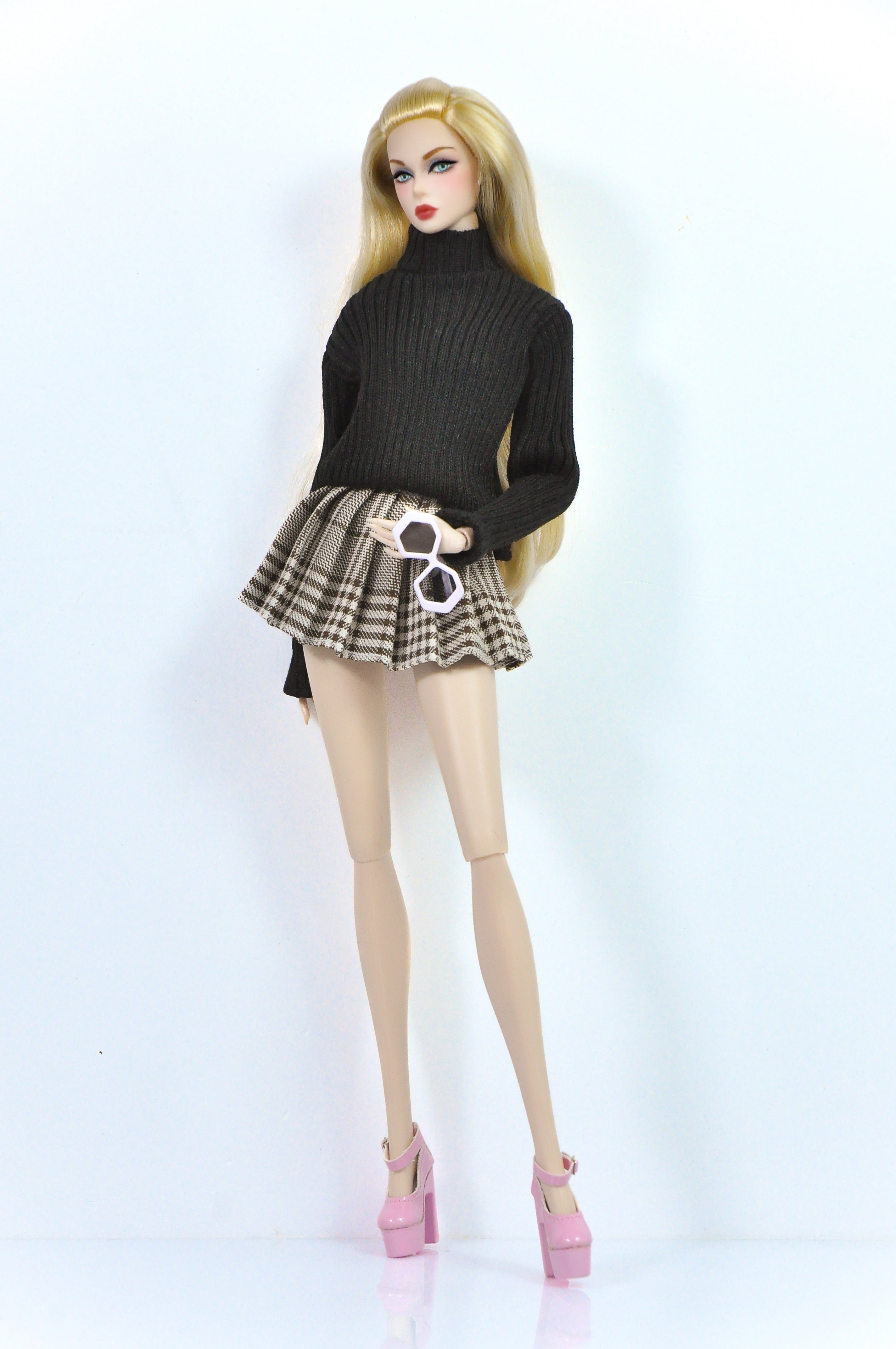 OOAK | "Basic Retreats" - A set of bomber jacket, turtle neck sweater and pleated check skirt for Fashion Royalty & NU FACE 6.0 doll clothes