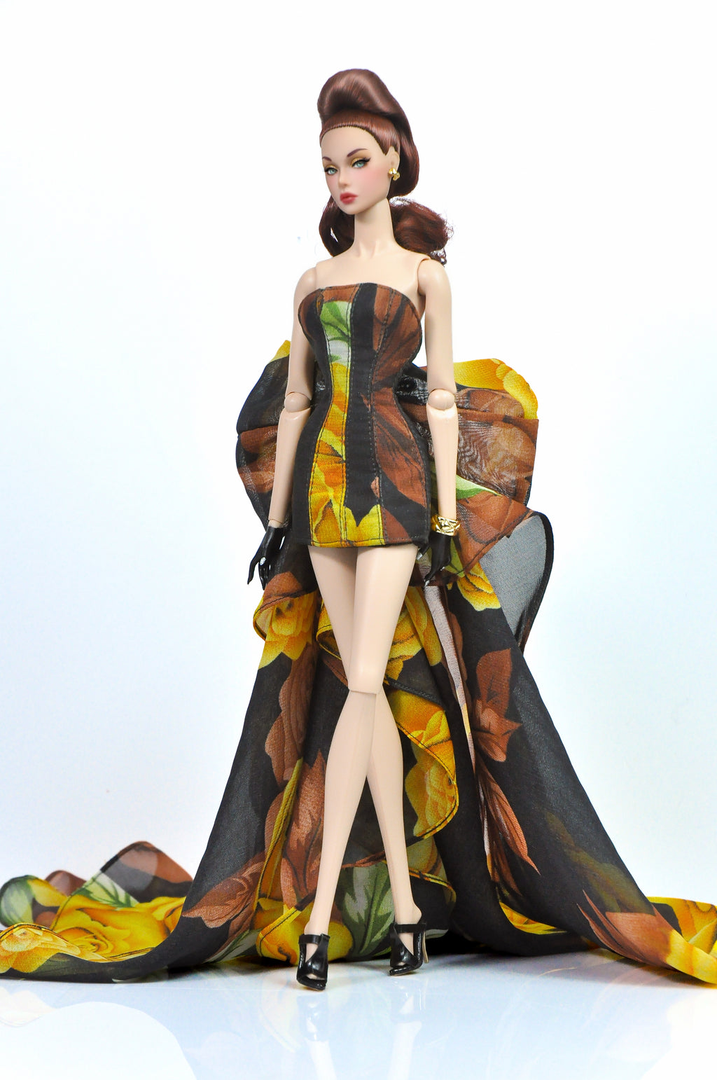 OOAK | "Rose Reigns" - Bustier dress with floral pattern print & attachable bow for Fashion Royalty & NU FACE doll