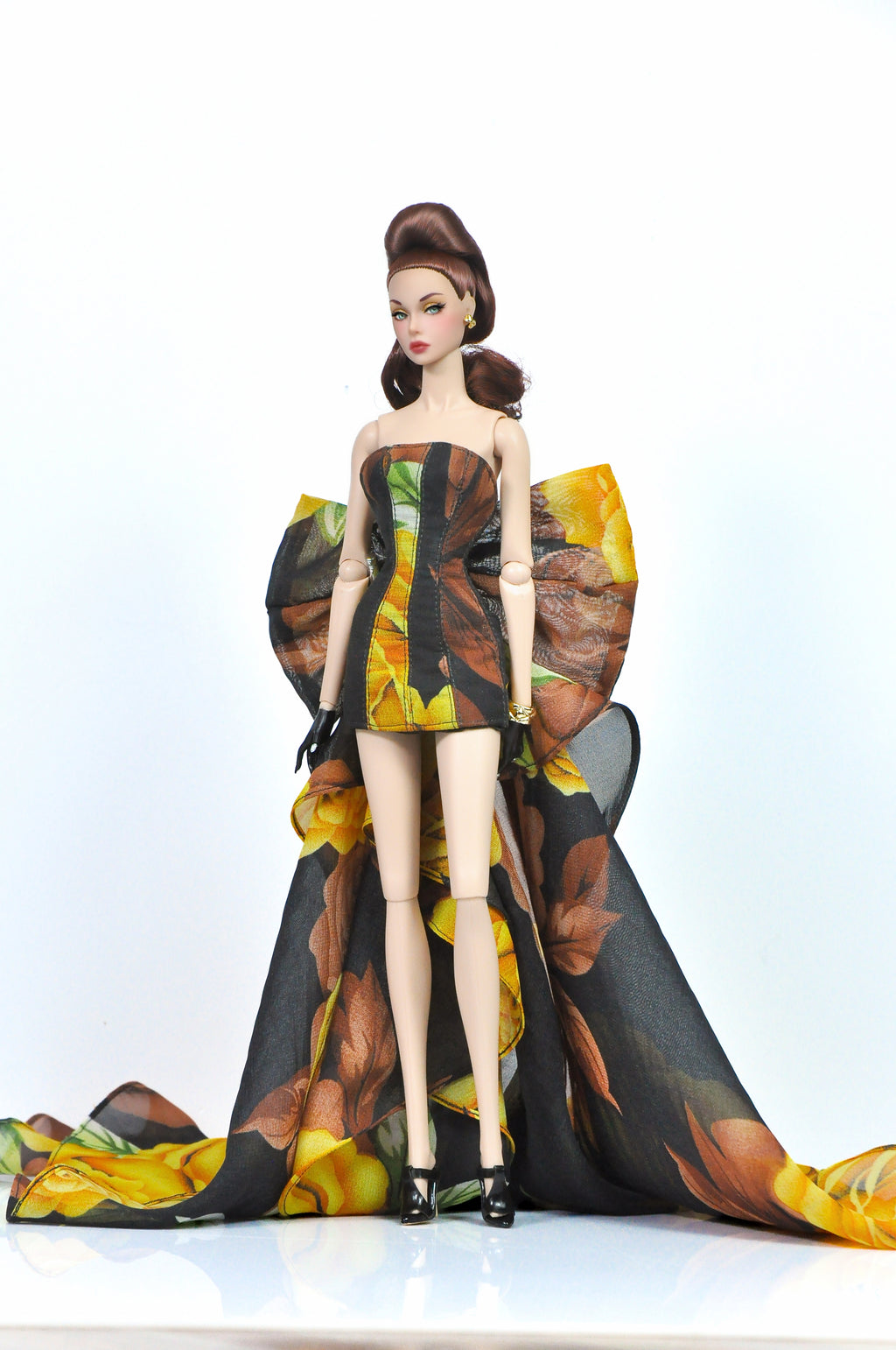 OOAK | "Rose Reigns" - Bustier dress with floral pattern print & attachable bow for Fashion Royalty & NU FACE doll