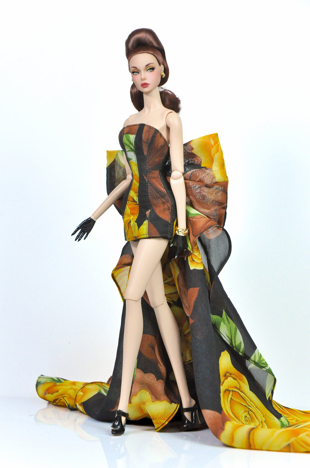 OOAK | "Rose Reigns" - Bustier dress with floral pattern print & attachable bow for Fashion Royalty & NU FACE doll