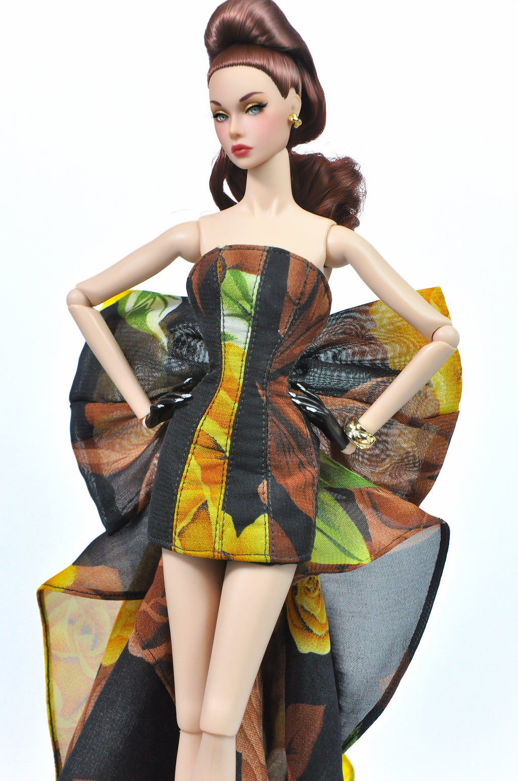 OOAK | "Rose Reigns" - Bustier dress with floral pattern print & attachable bow for Fashion Royalty & NU FACE doll