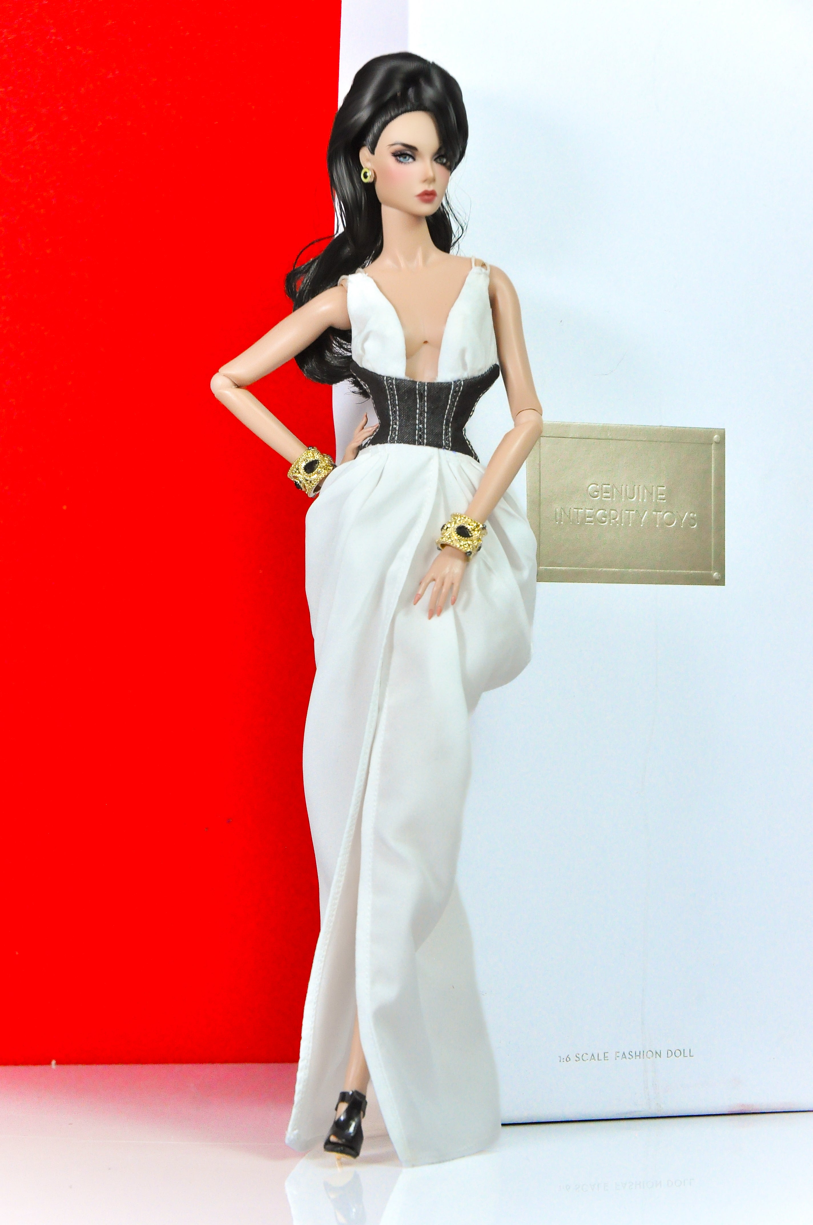 OOAK | "Empathy Goddess" White silk ruched dress with denim contrast bodice for Fashion Royalty & NU FACE doll