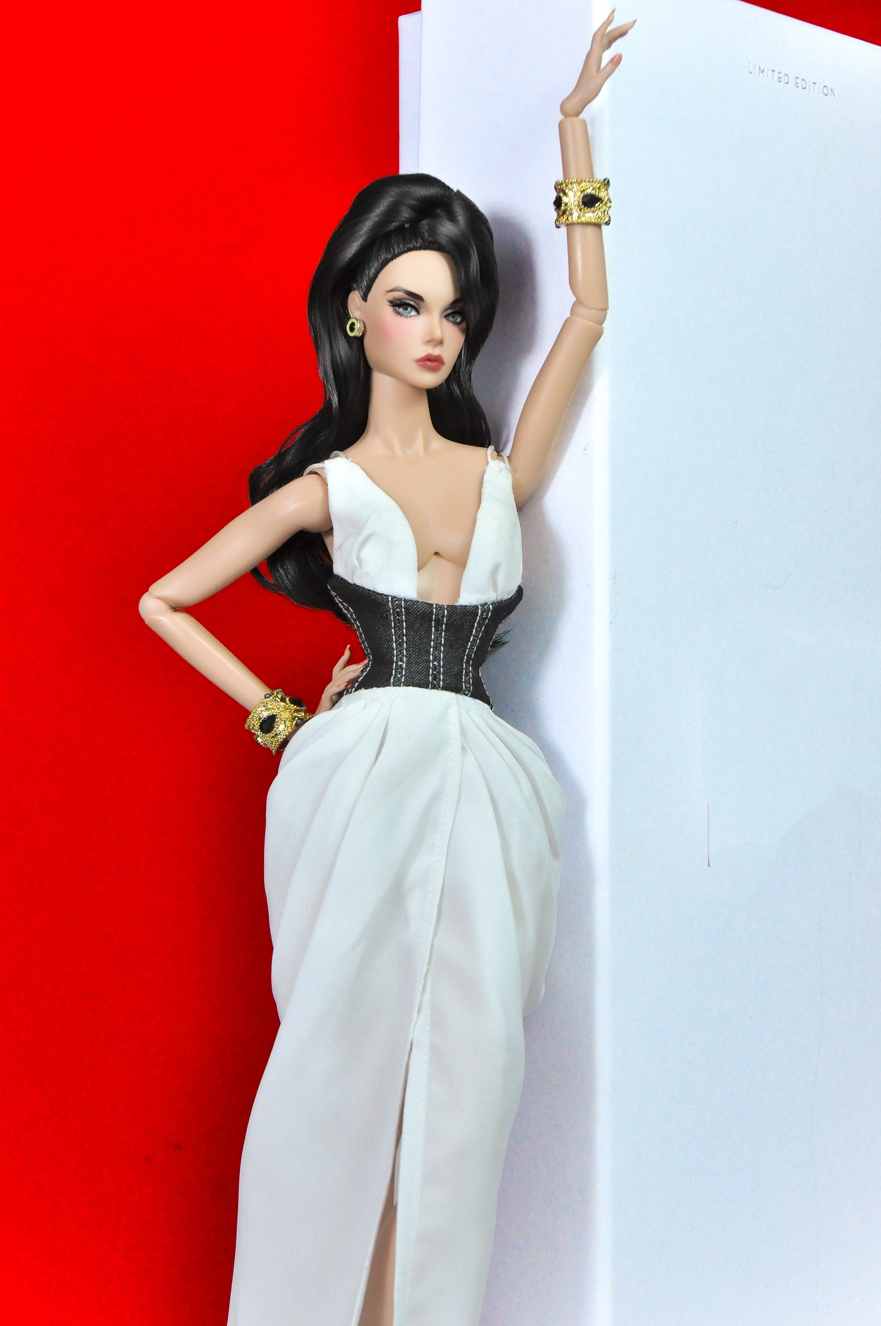 OOAK | "Empathy Goddess" White silk ruched dress with denim contrast bodice for Fashion Royalty & NU FACE doll