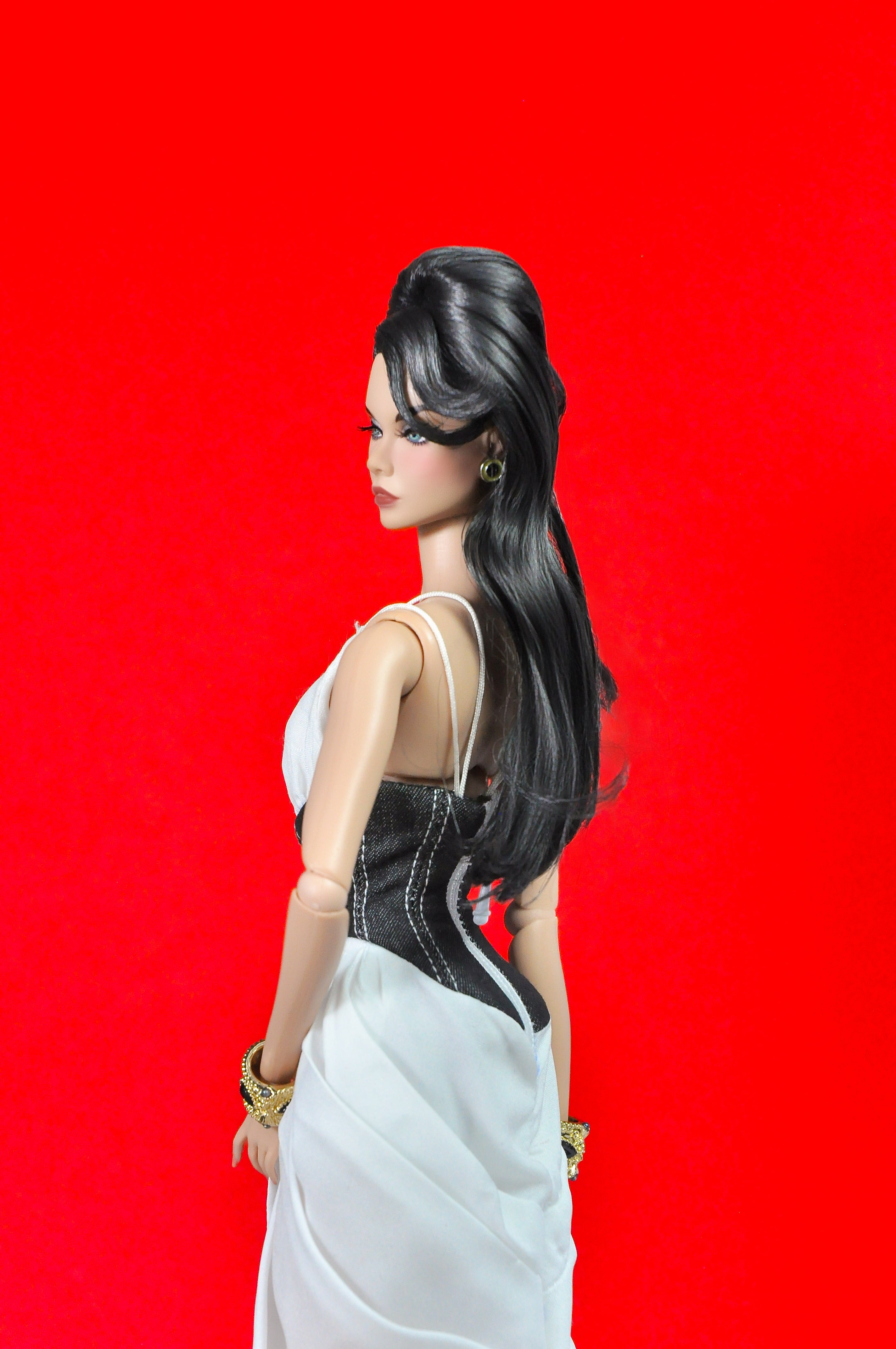 OOAK | "Empathy Goddess" White silk ruched dress with denim contrast bodice for Fashion Royalty & NU FACE doll