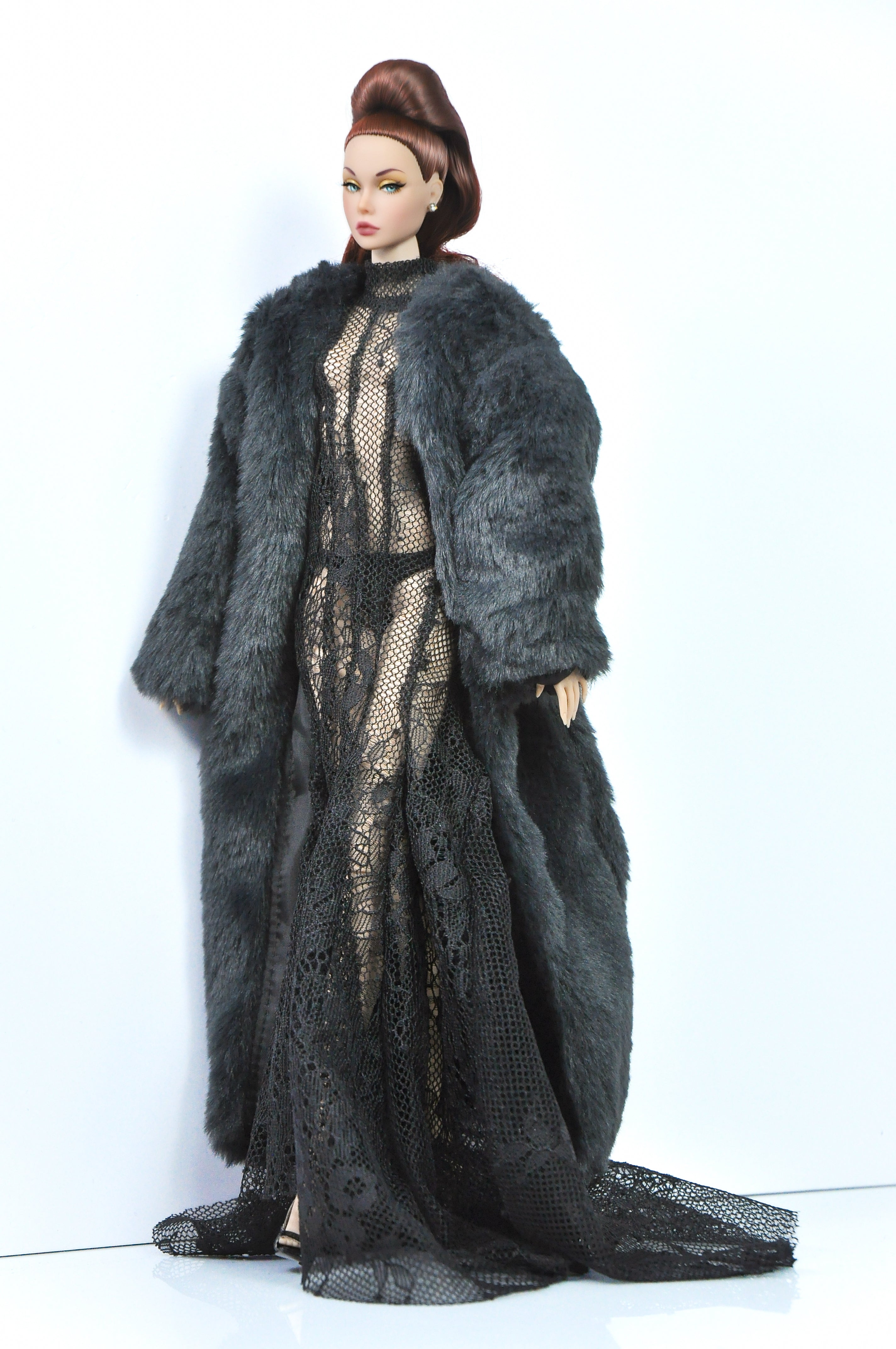 OOAK | Noir Drama - Lace evening gown & faux fur coat for Fashion Royalty doll & NU FACE doll