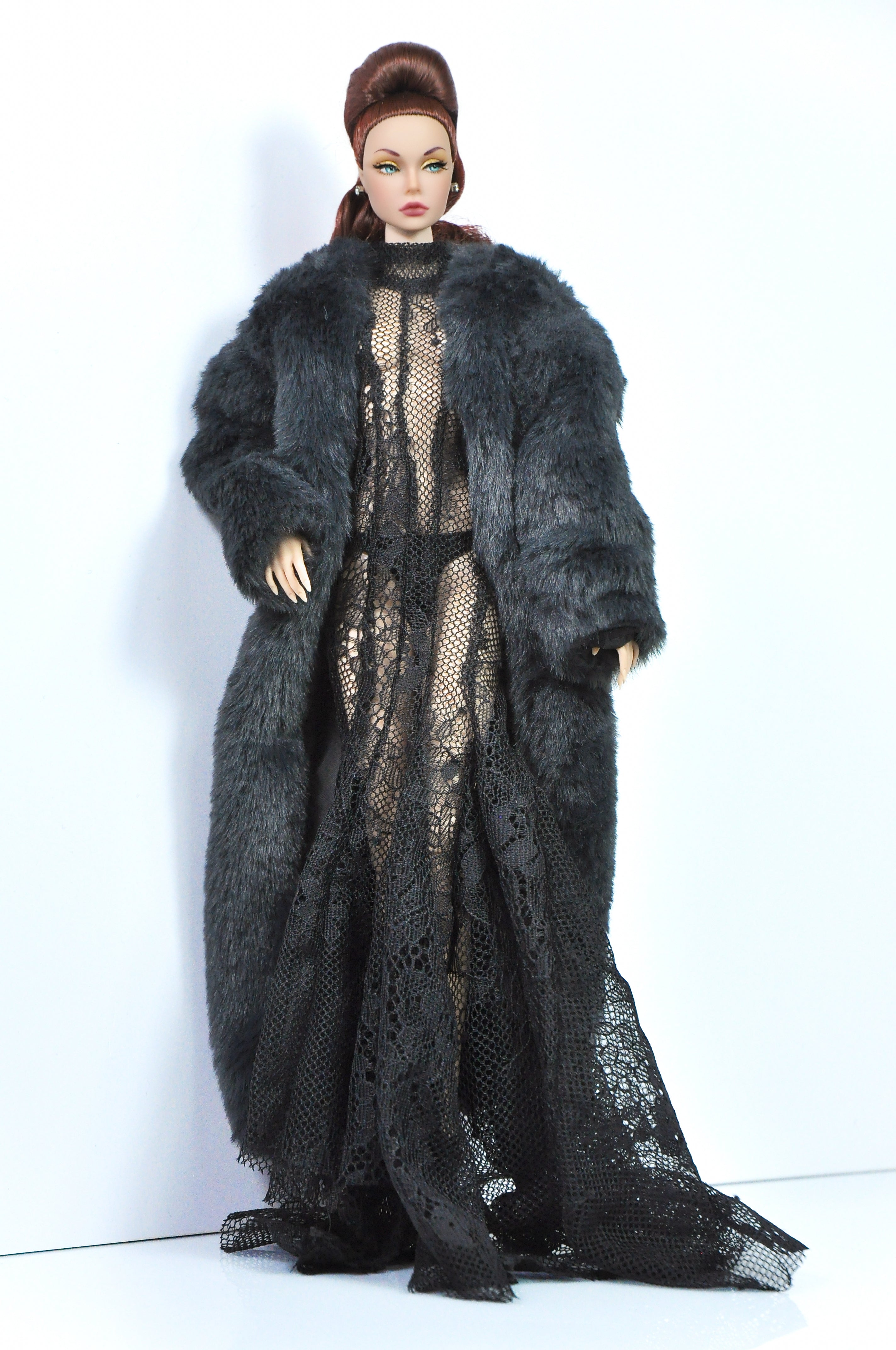 OOAK | Noir Drama - Lace evening gown & faux fur coat for Fashion Royalty doll & NU FACE doll