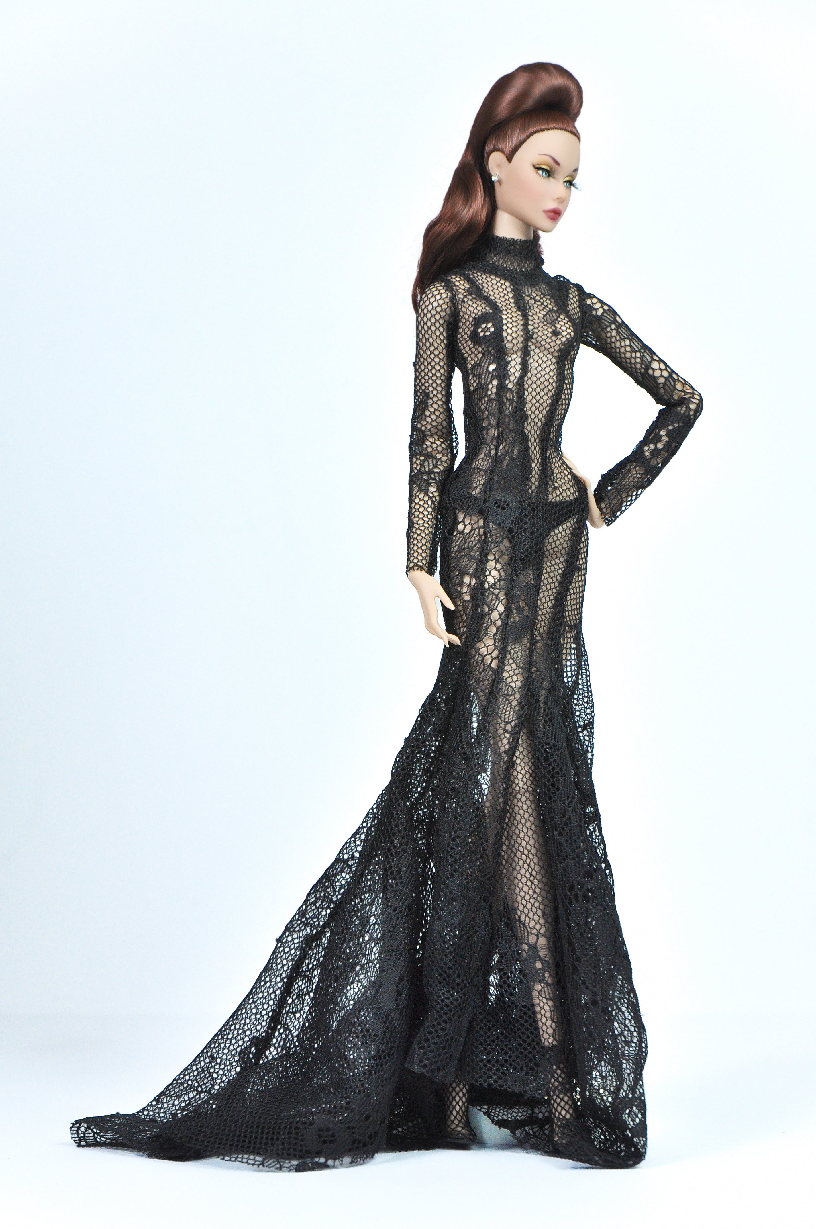OOAK | Noir Drama - Lace evening gown & faux fur coat for Fashion Royalty doll & NU FACE doll