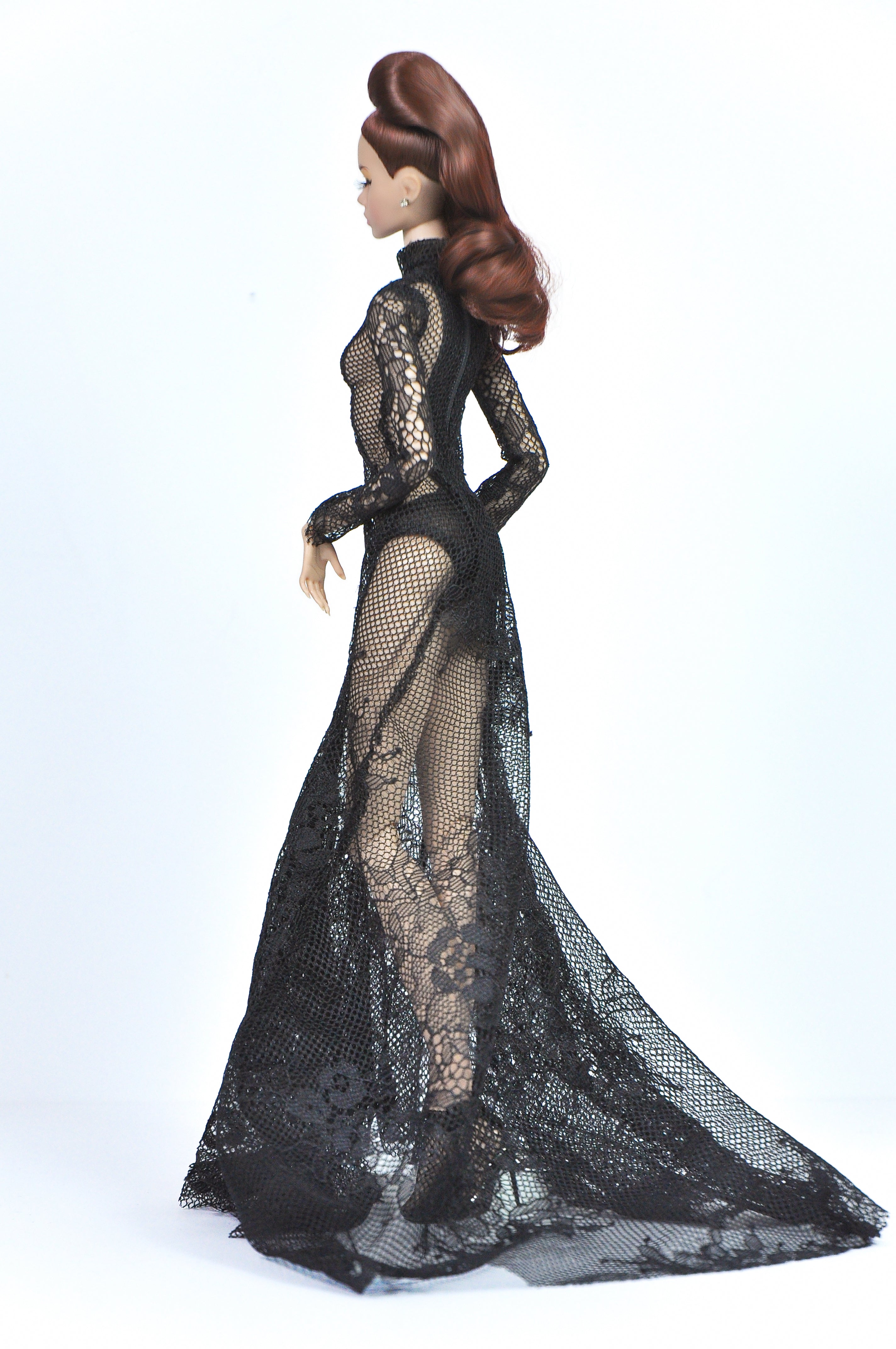 OOAK | Noir Drama - Lace evening gown & faux fur coat for Fashion Royalty doll & NU FACE doll