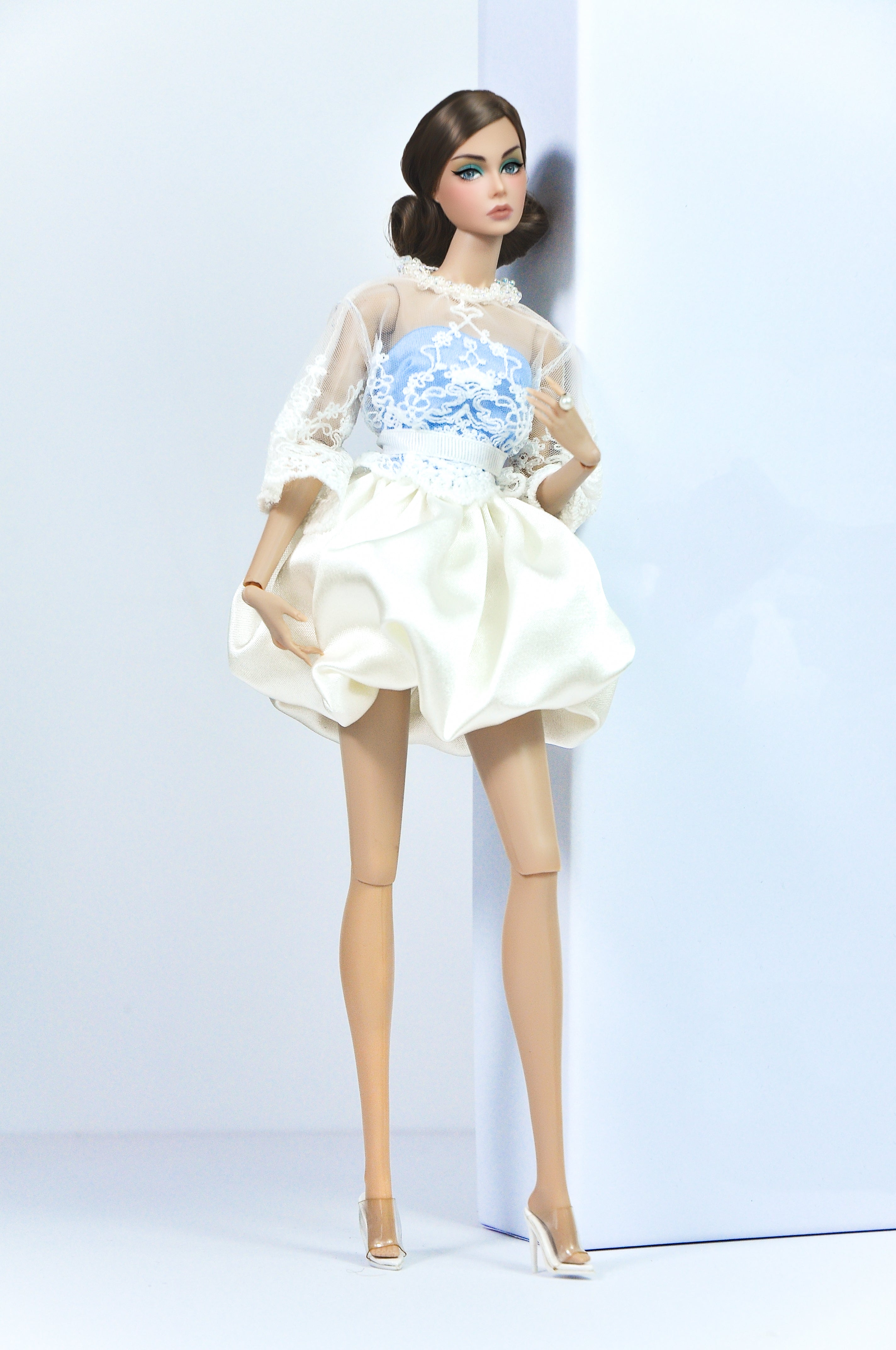 OOAK | "Snowdrop Lace" Pastel Mesh & Skirt Set – Fashion Royalty 6.0 Doll Clothes