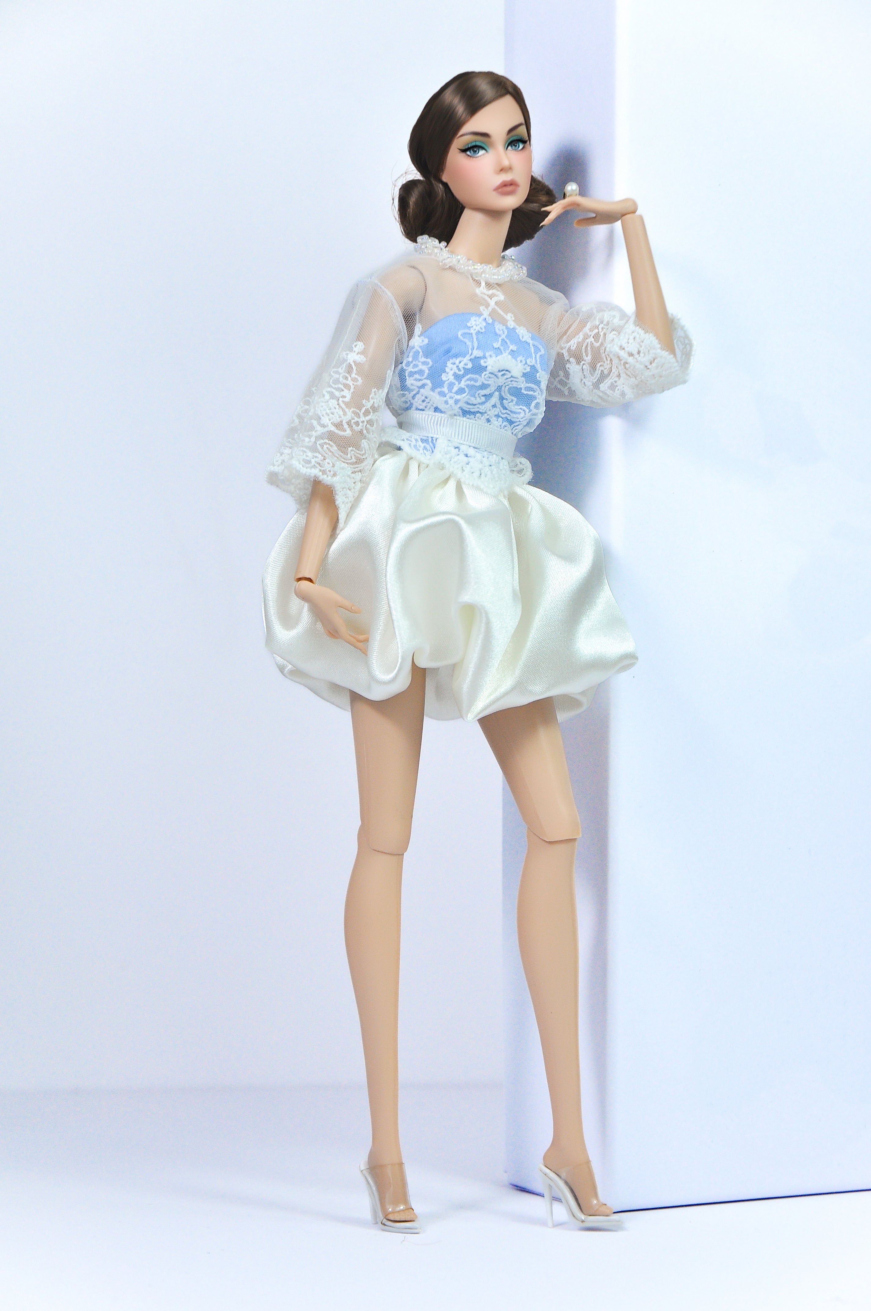 OOAK | "Snowdrop Lace" Pastel Mesh & Skirt Set – Fashion Royalty 6.0 Doll Clothes