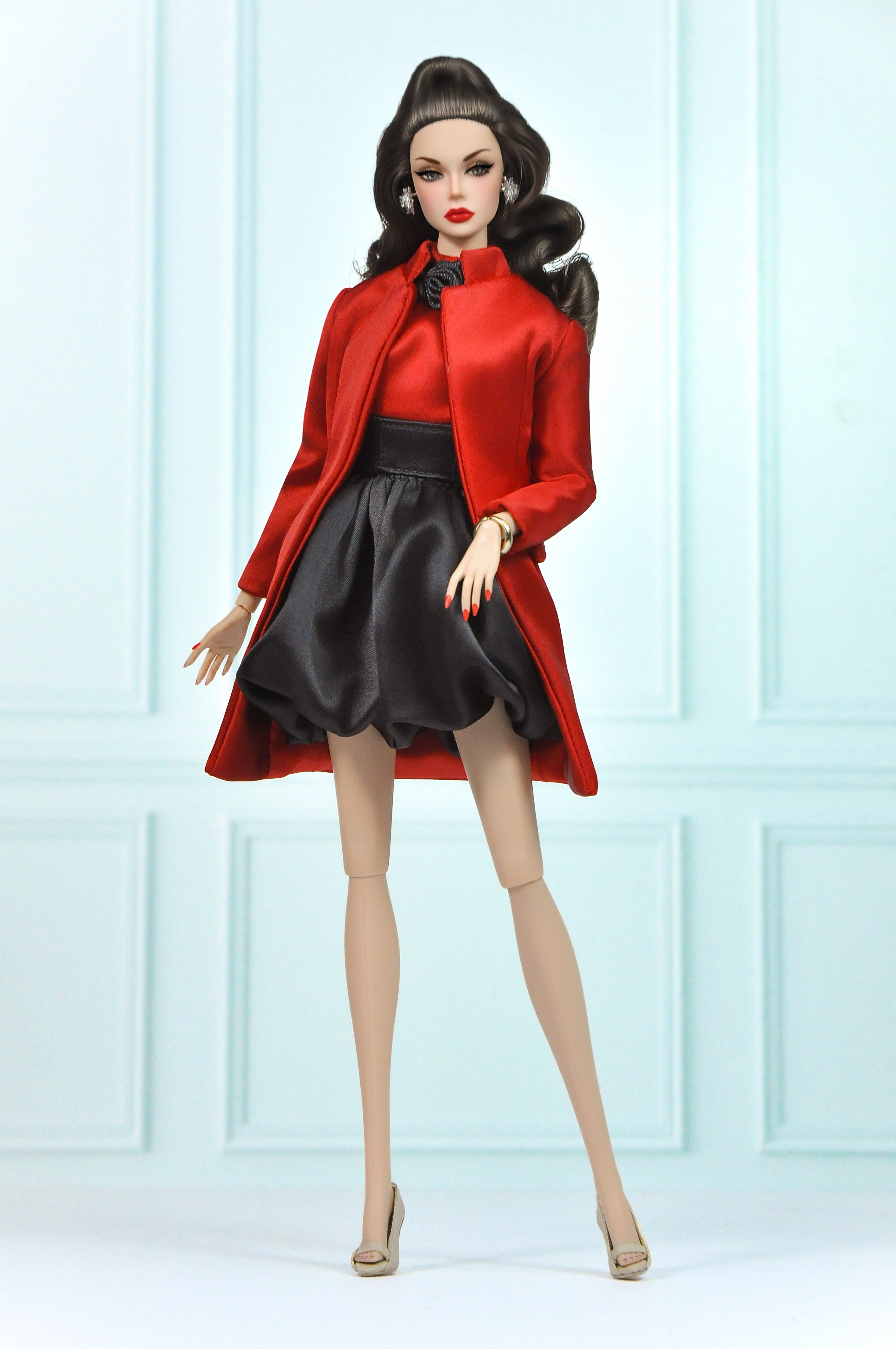 OOAK | Scarlet Noir Cocktail – Doll Cocktail Dress & Coat for Fashion Royalty doll clothes