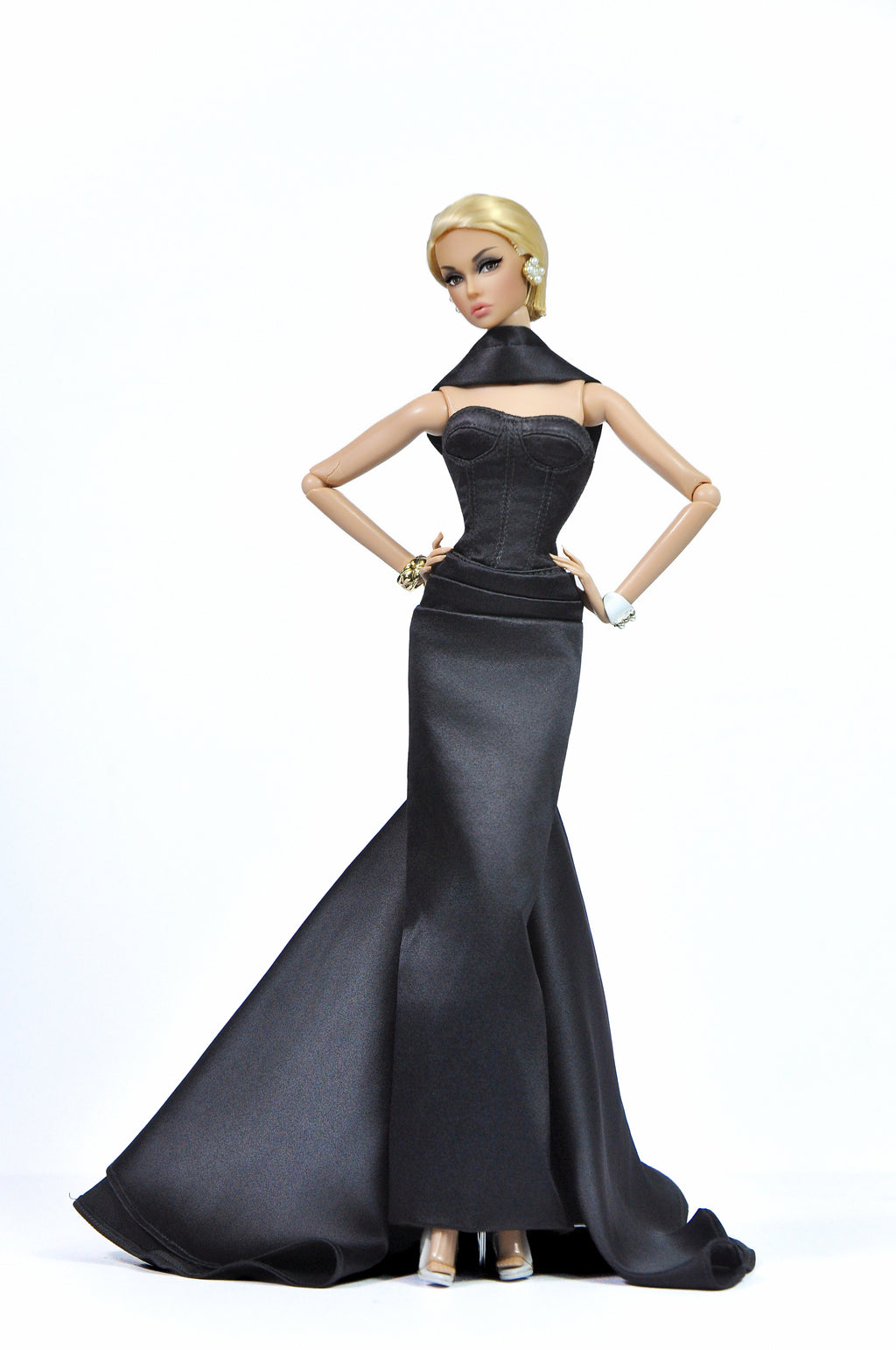 OOAK | Nocturne Elegance - Fashion Royalty Black Satin Strapless Evening Doll Gown