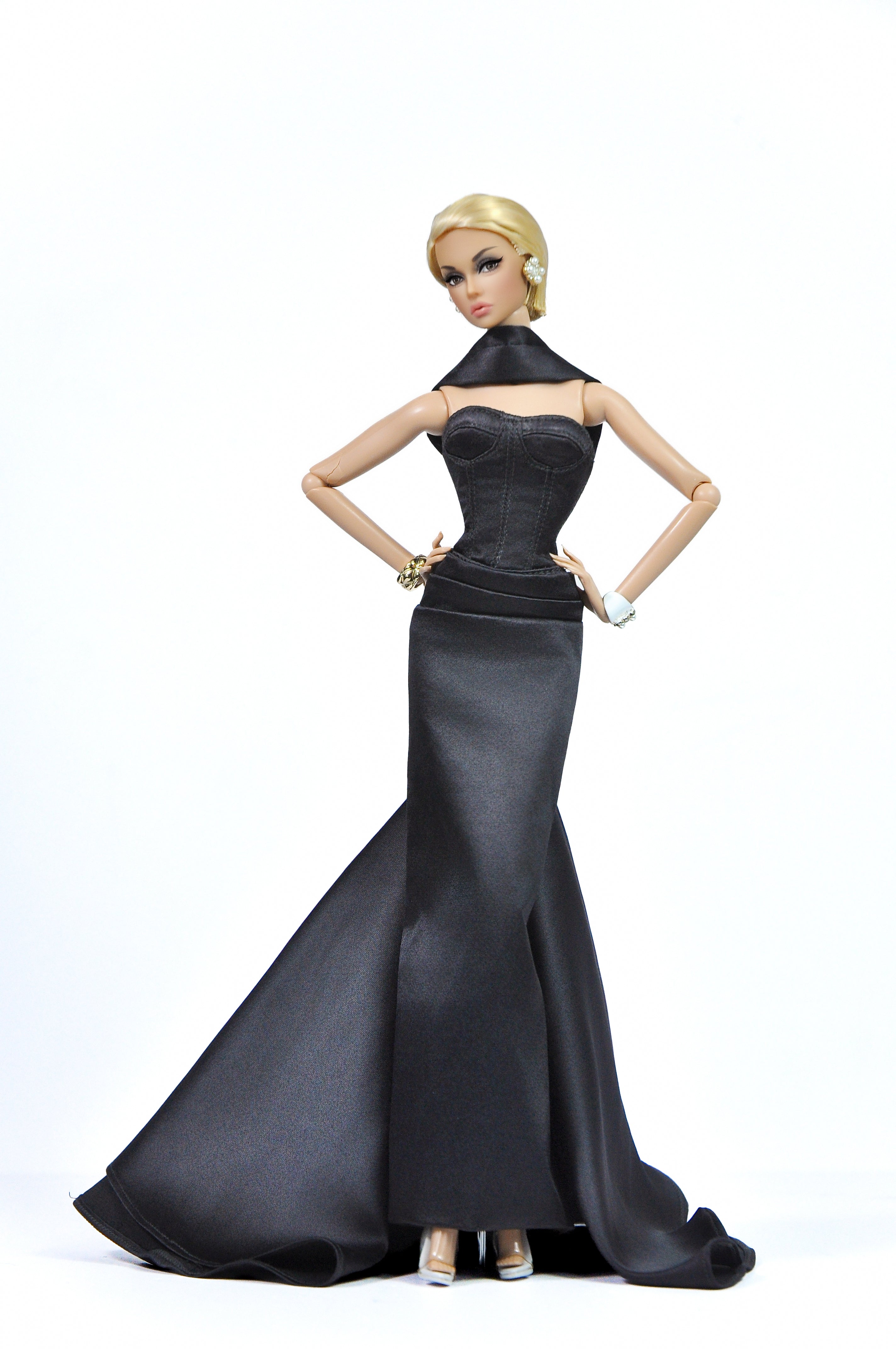 OOAK | Nocturne Elegance - Fashion Royalty Black Satin Strapless Evening Doll Gown