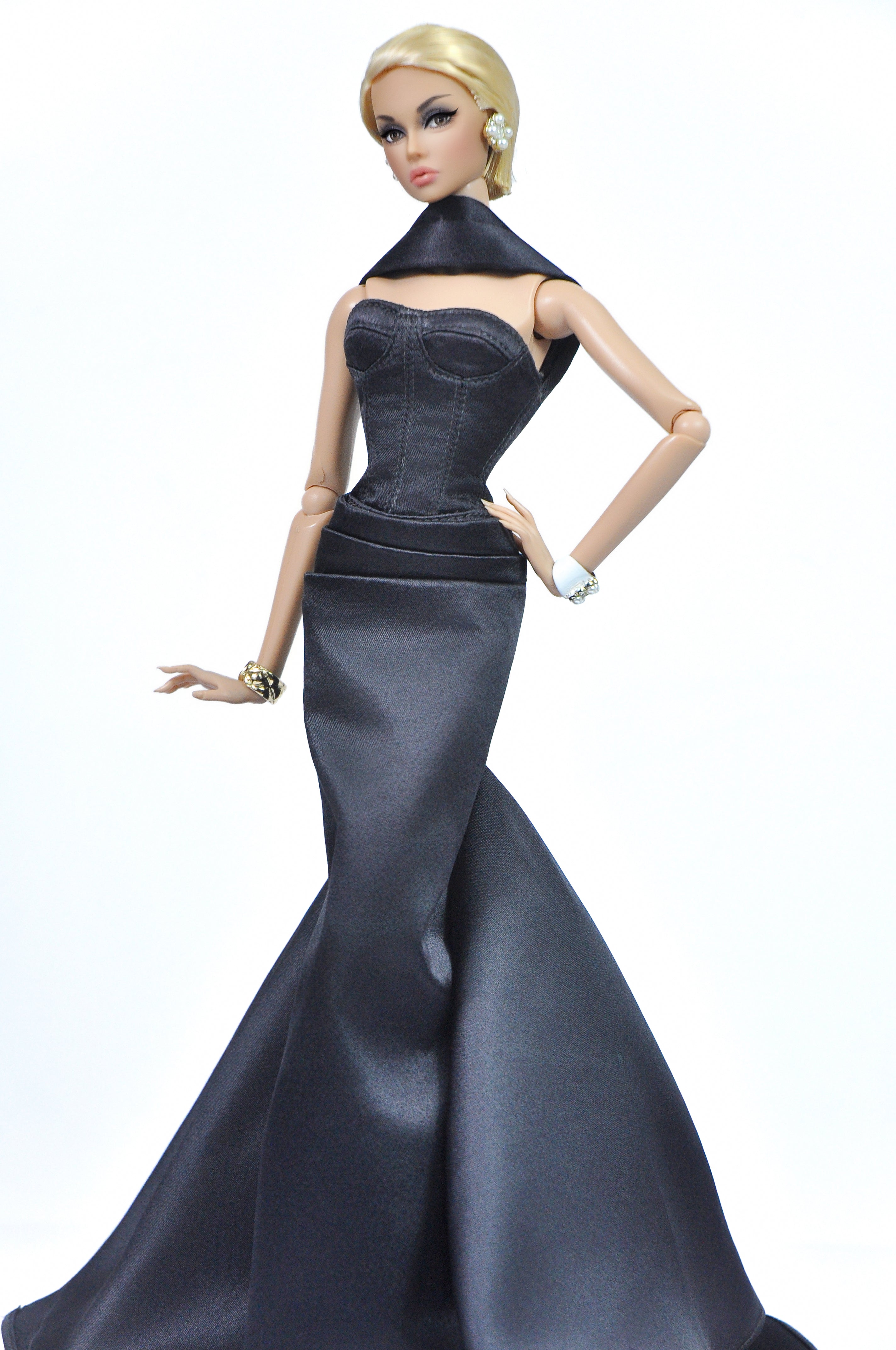 OOAK | Nocturne Elegance - Fashion Royalty Black Satin Strapless Evening Doll Gown