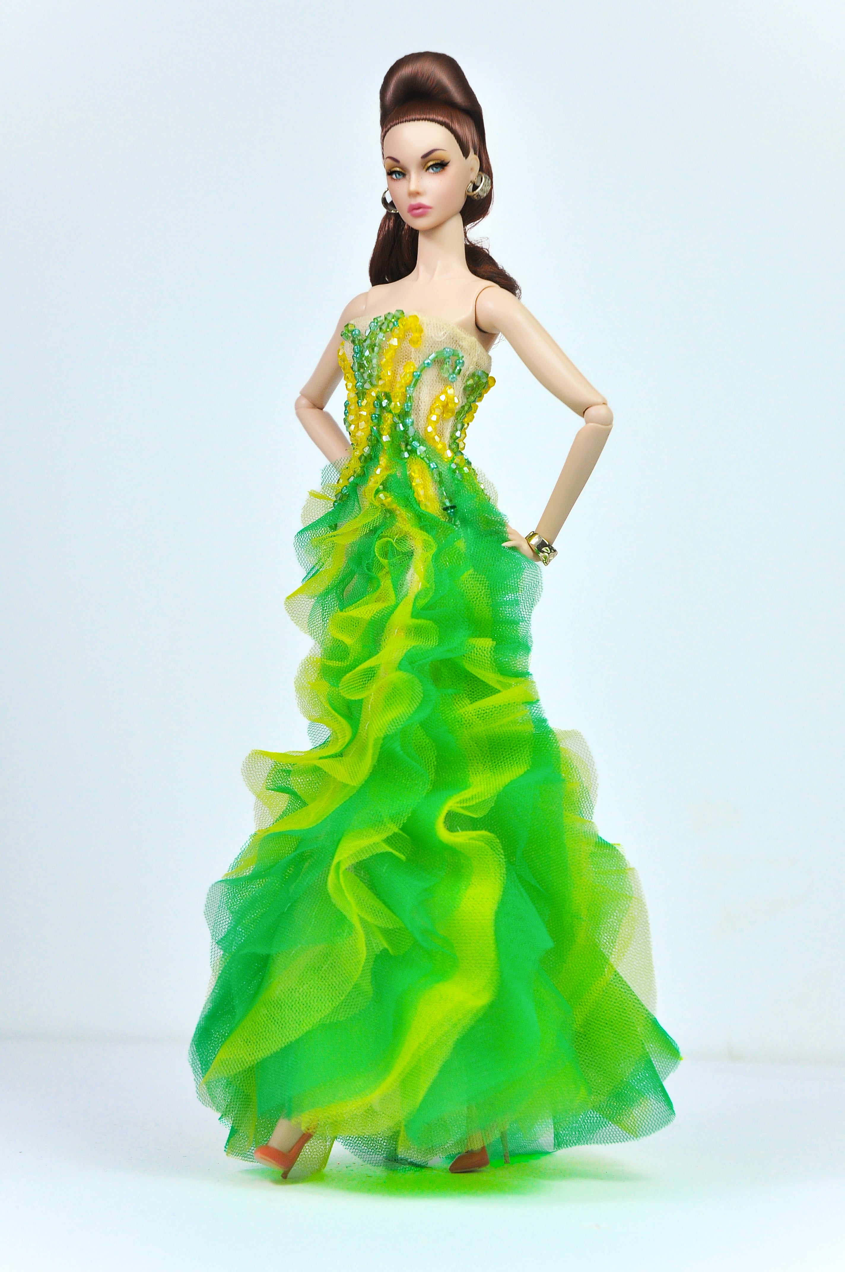 OOAK | Asbinthe Gown – Green & Yellow Layered Ruffle Dress for Fashion Royalty Dolls