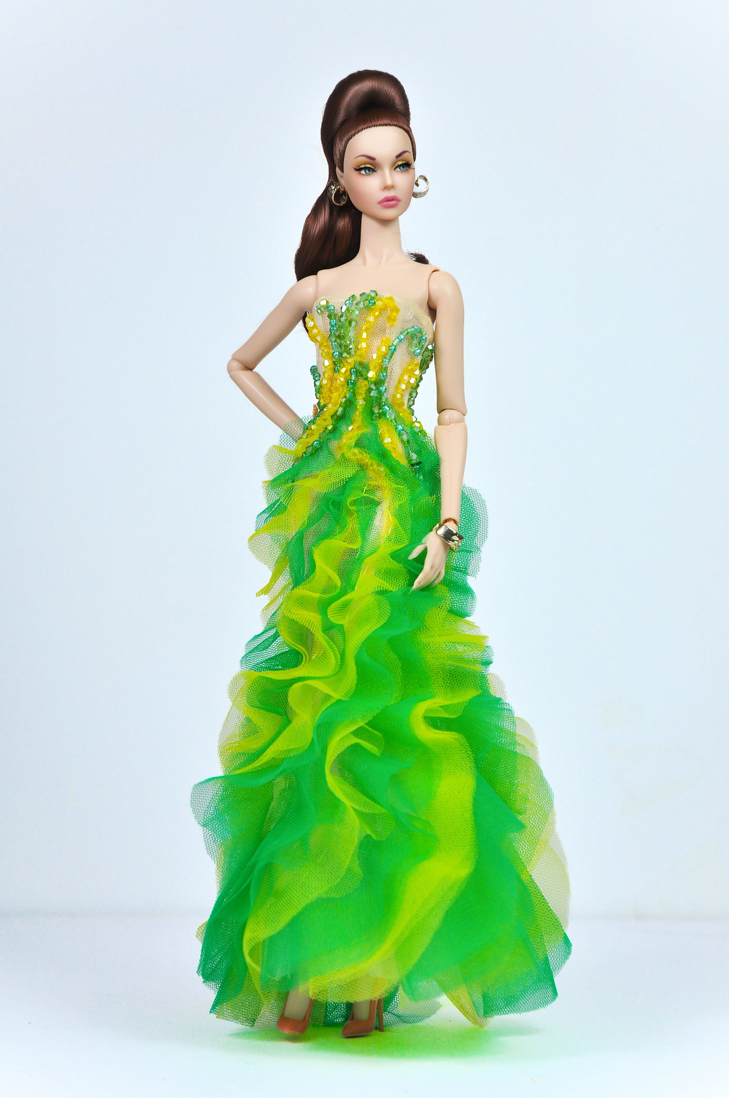OOAK | Asbinthe Gown – Green & Yellow Layered Ruffle Dress for Fashion Royalty Dolls