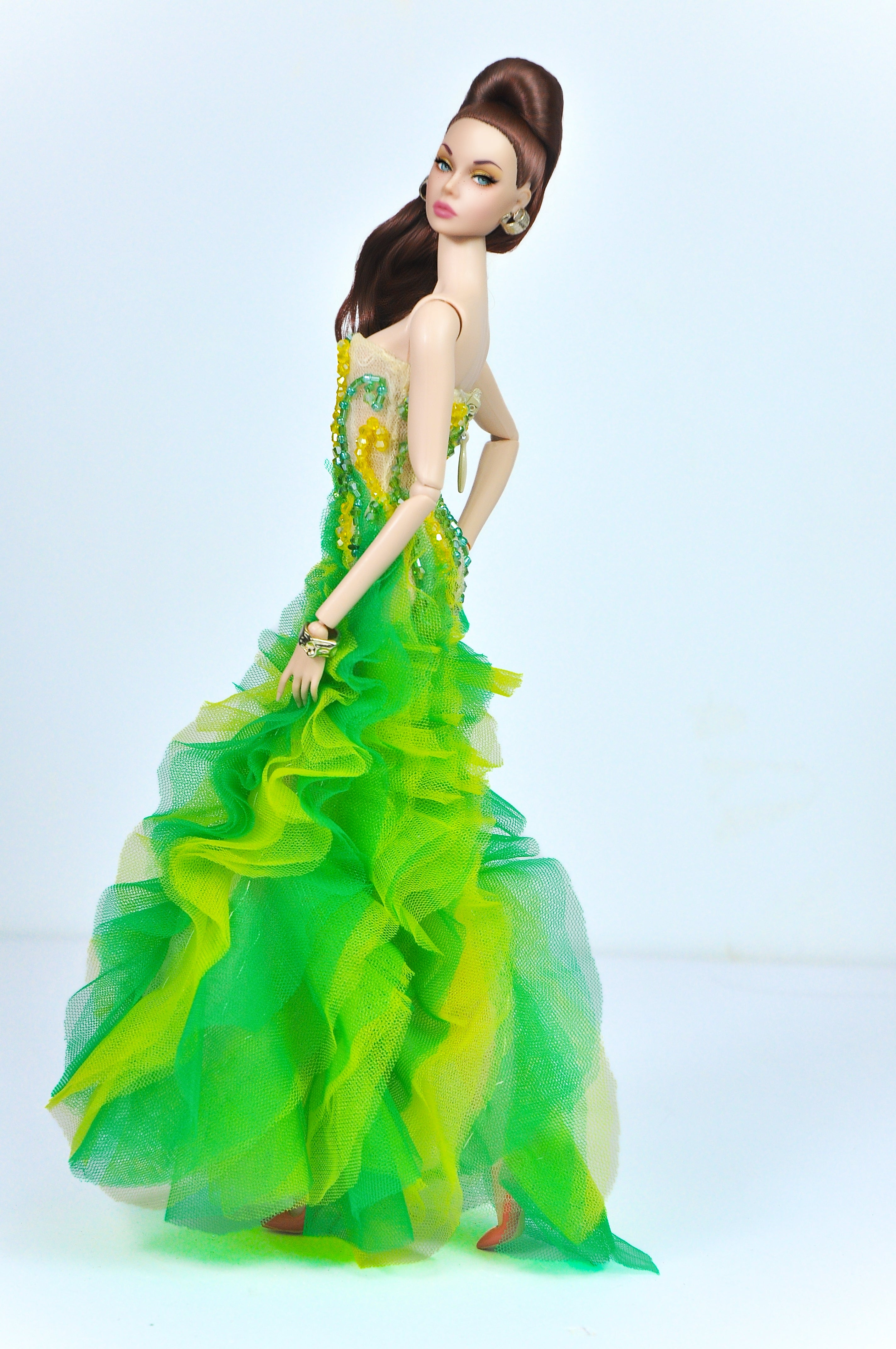 OOAK | Asbinthe Gown – Green & Yellow Layered Ruffle Dress for Fashion Royalty Dolls