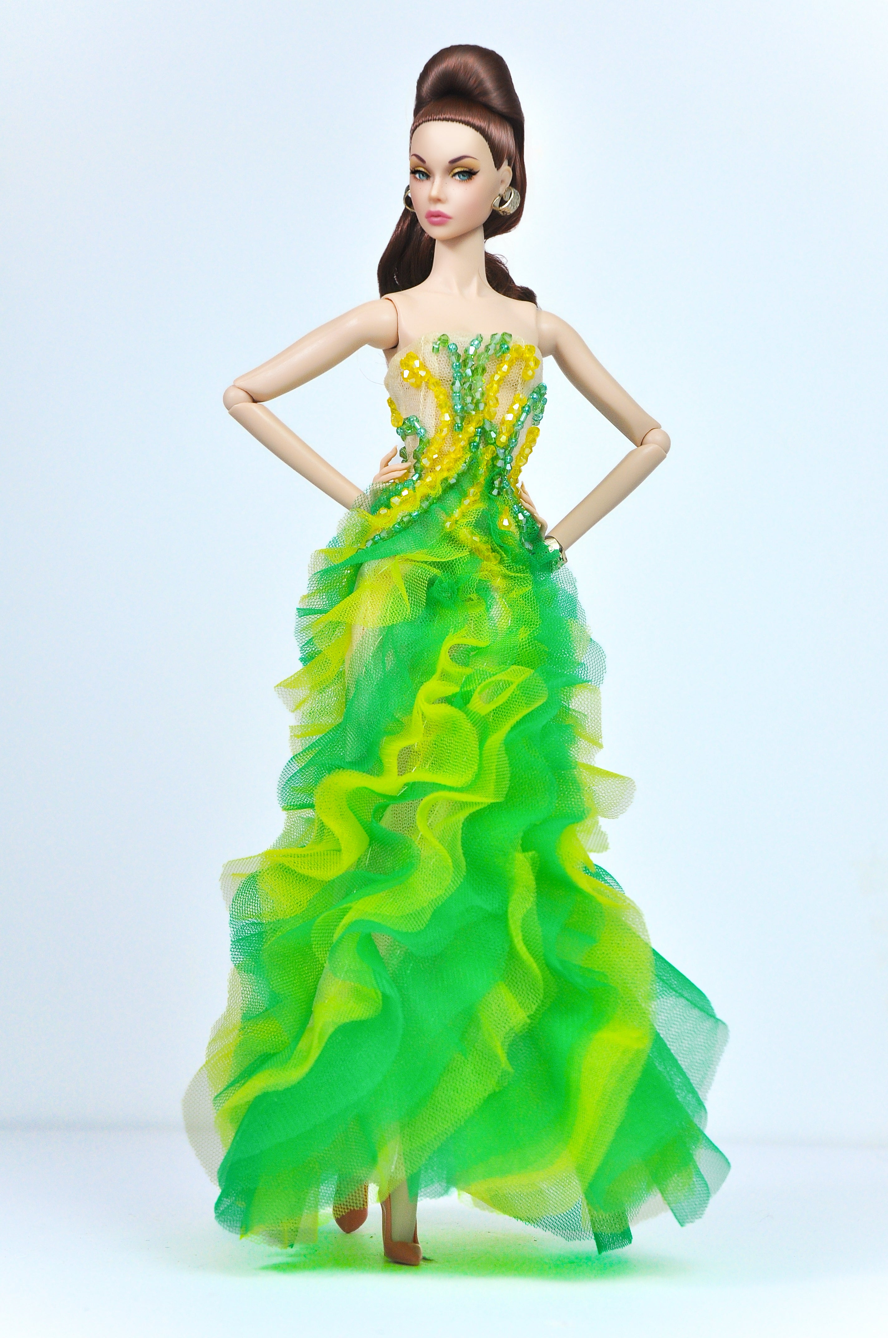 OOAK | Asbinthe Gown – Green & Yellow Layered Ruffle Dress for Fashion Royalty Dolls