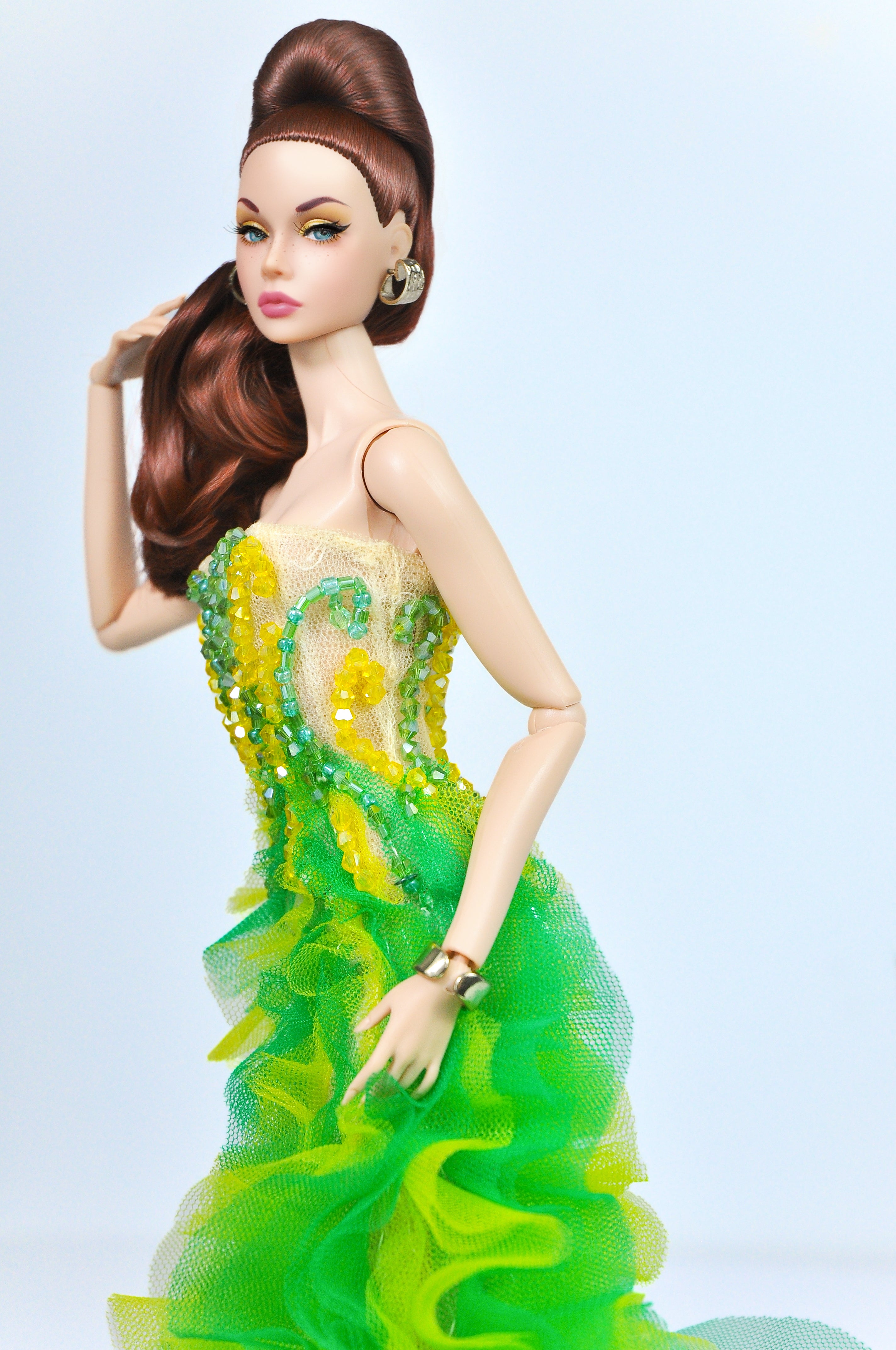 OOAK | Asbinthe Gown – Green & Yellow Layered Ruffle Dress for Fashion Royalty Dolls